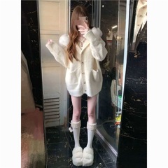 慵懒毛领连帽毛衣外套女秋冬新款加厚软糯宽松温柔风针织开衫上衣