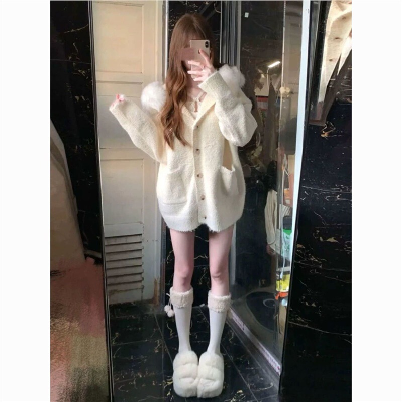 慵懒毛领连帽毛衣外套女秋冬新款加厚软糯宽松温柔风针织开衫上衣|undefined