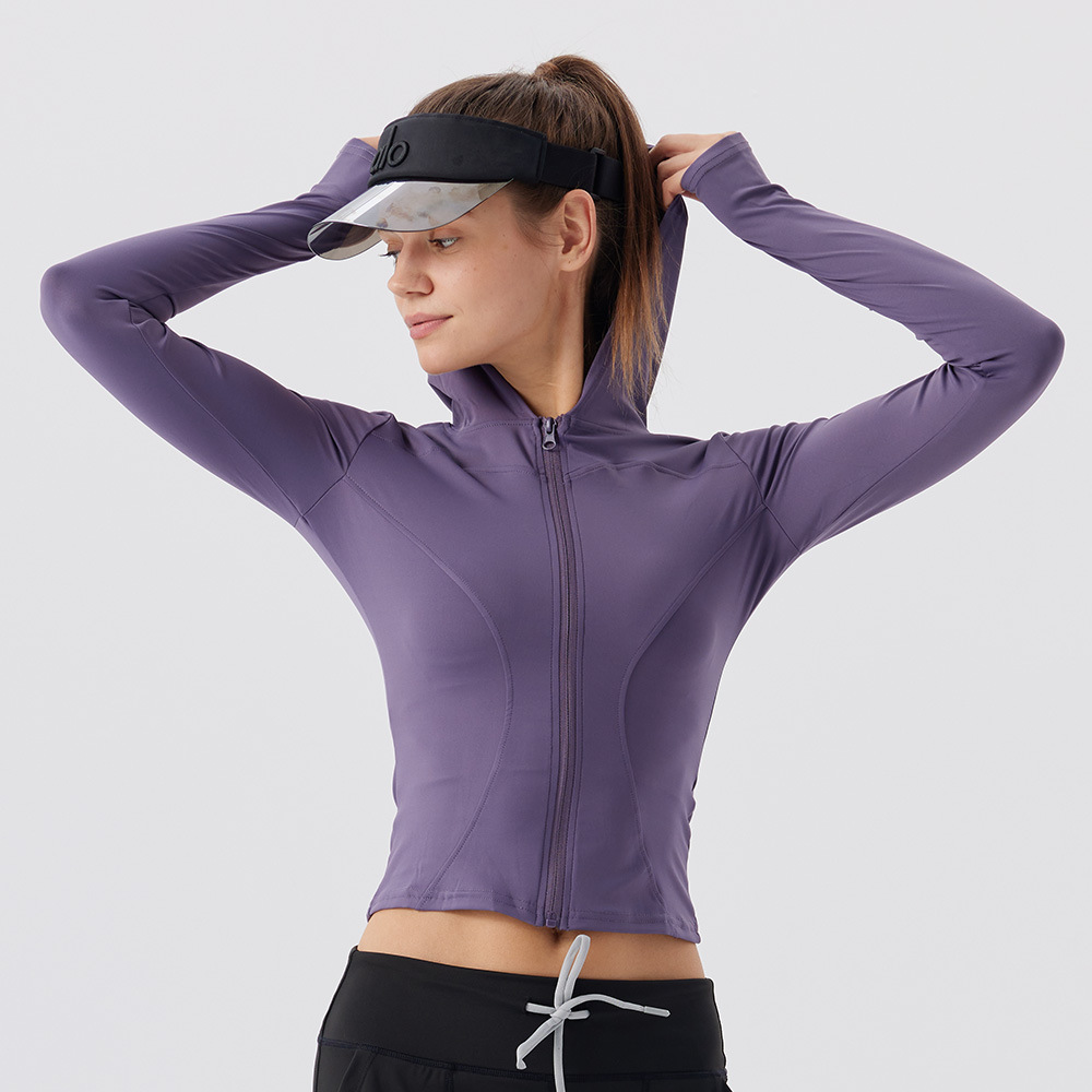 Ropa de yoga con capucha para mujer, ajuste ajustado, cintura delgada, camisa deportiva, entrenamiento para correr, chaqueta de fitness Pilates, ropa de ciclismo