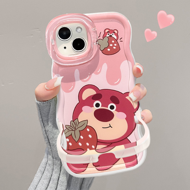 Strawberry Winnie the Pooh Suitable for Apple 16Pro Mobile Phone Case Oppo Huawei Vivo Xiaomi 14 Cute 13 Stand 15