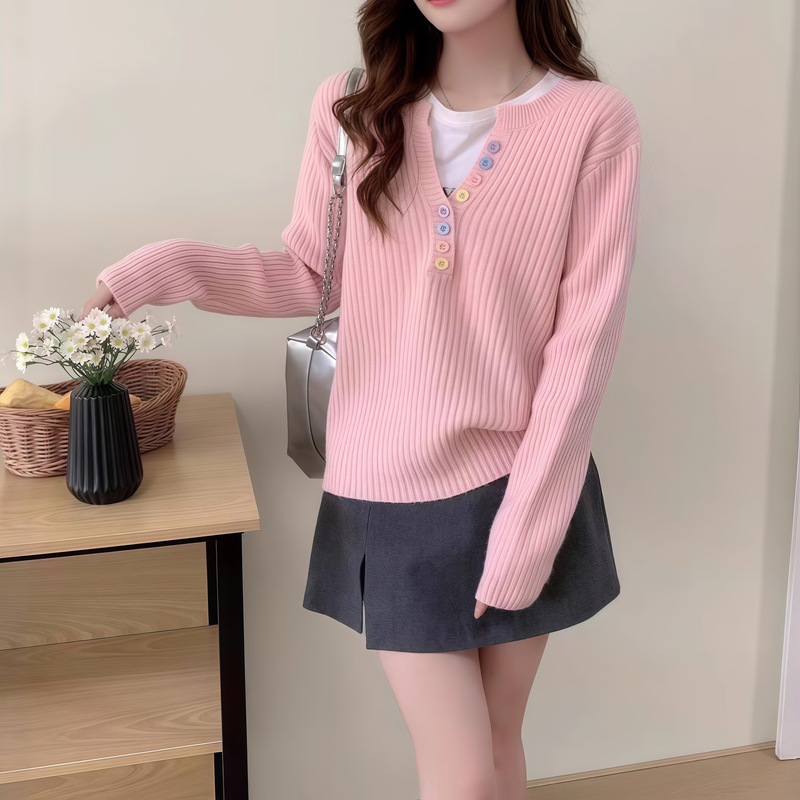 秋冬季新款韩系针织打底衫女设计感长袖v领彩色纽扣女装套头上衣|undefined