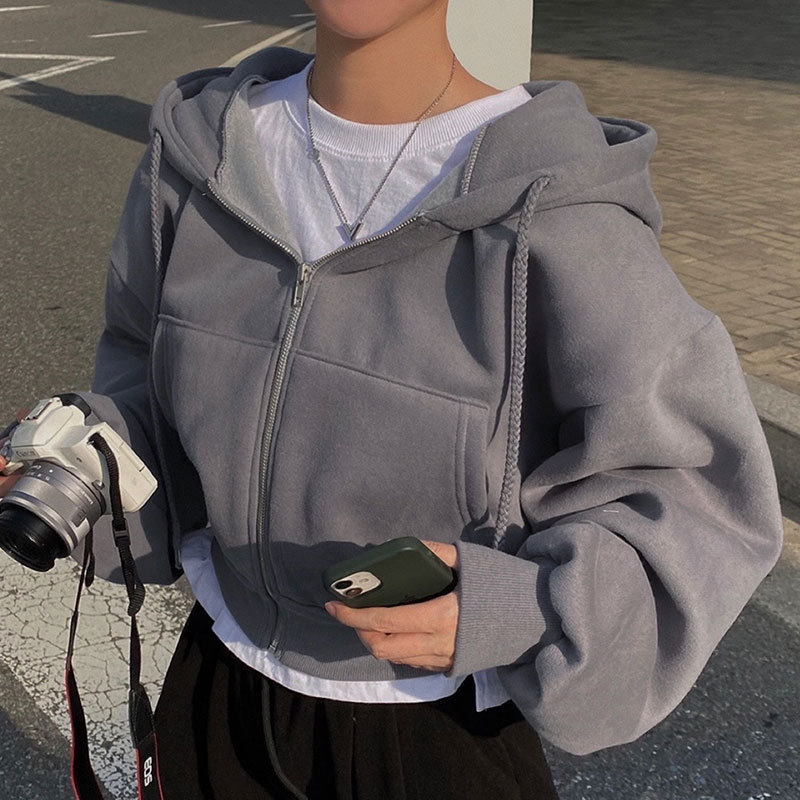 2025 春と秋の韓国の新しいスタイルプラスベルベットシンプルで多用途な気質フード付きルーズソリッドカラースウェットシャツカーディガンジャケット女性のための