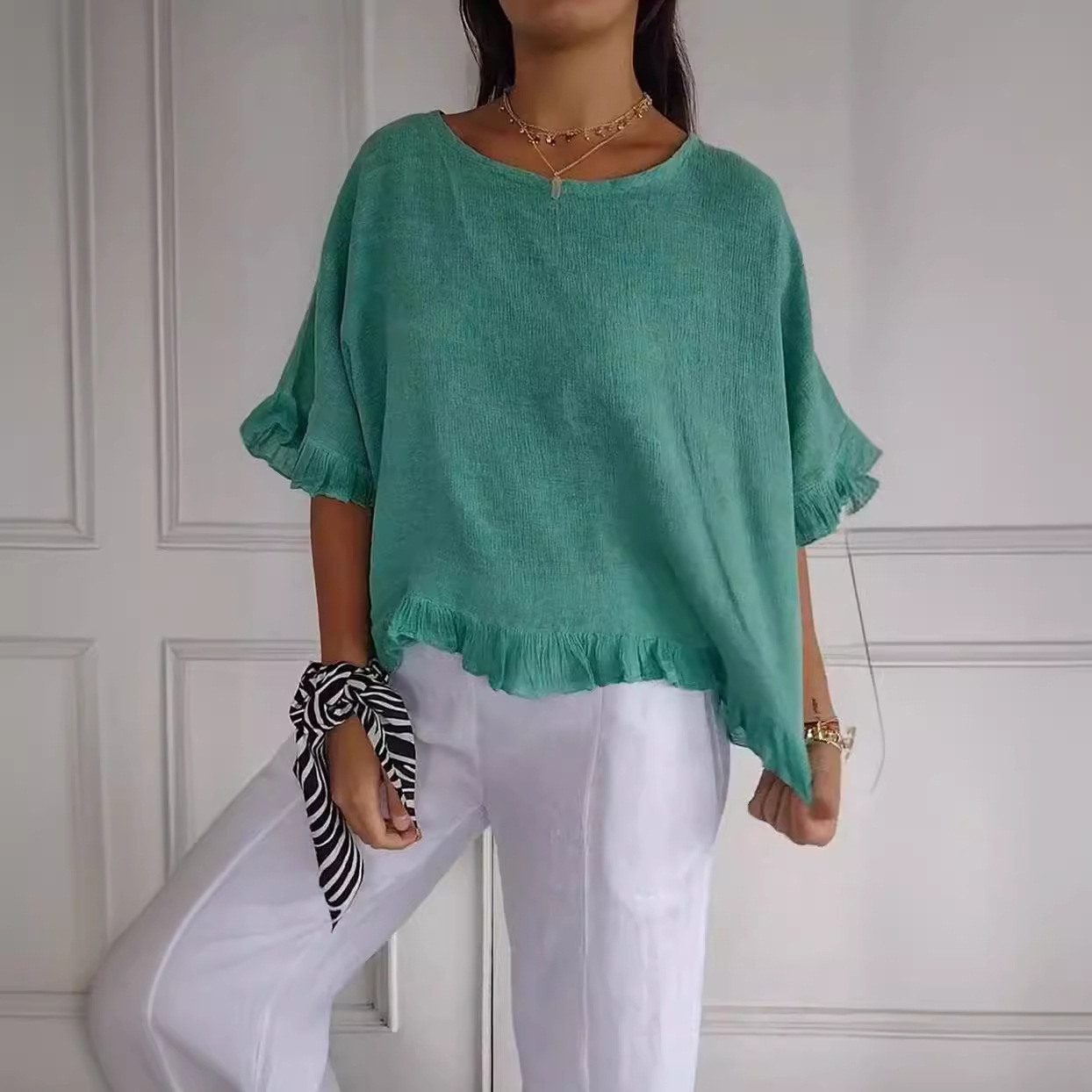 Women's Ruffled T-Shirt Casual Solid Color Short Sleeve Top For Summer New Arrival_voghion.com