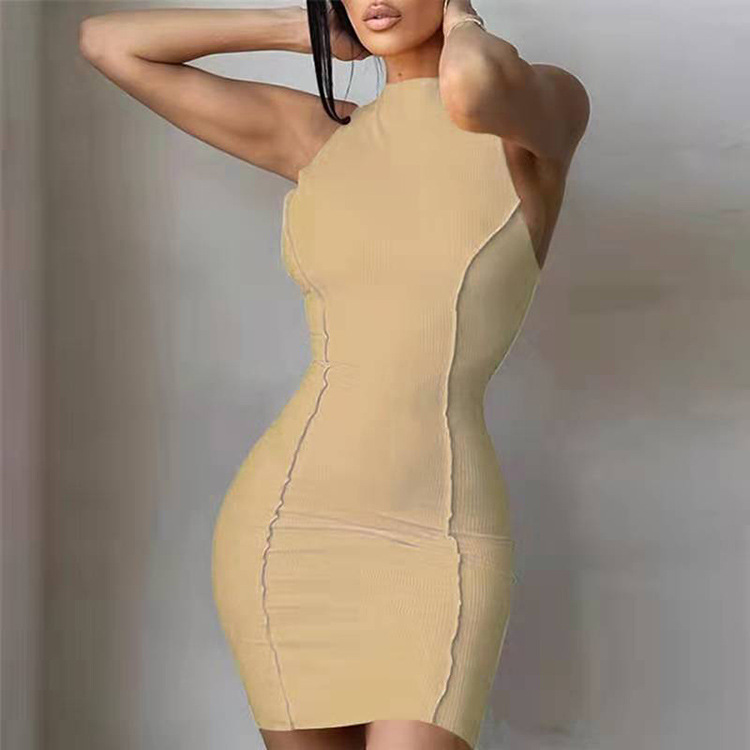 solid color round neck sleeveless slim package hip short dress  NSBLS119351