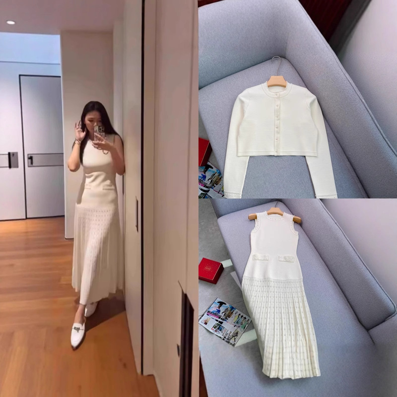 Off-White Jacket + Sleeveless Dress S Brand 26 Spring/Summer New Women's French Knit Set Long Dress