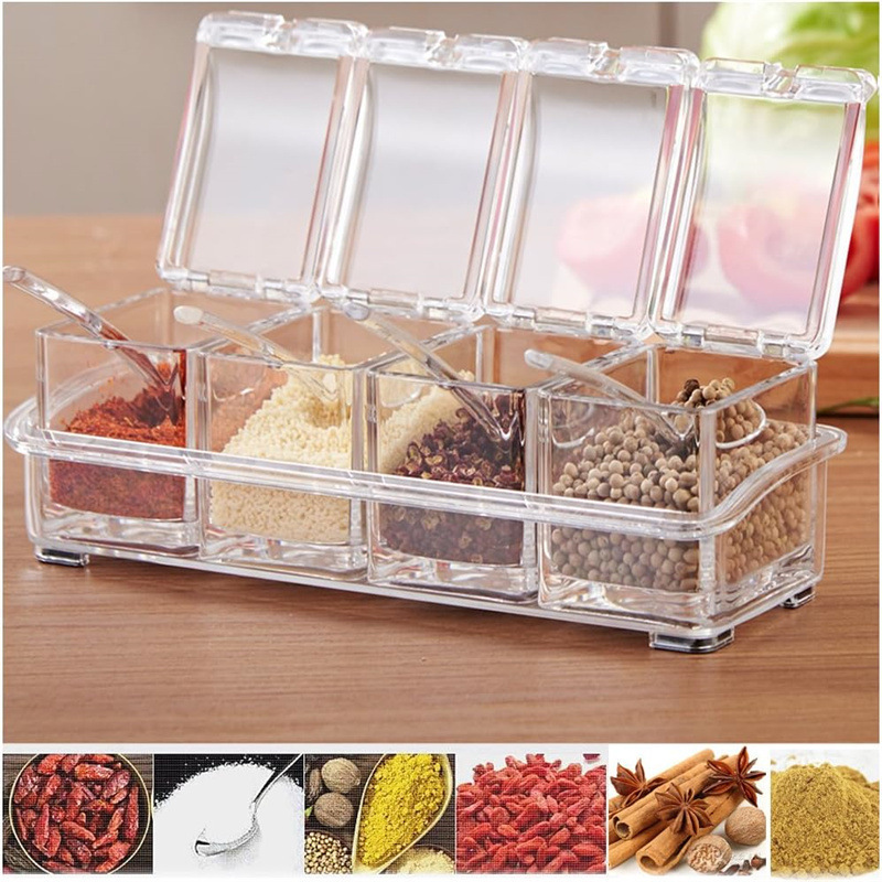 Cross-Border Transparent Seasoning Box Seasoning Jar with Lid for Household Kitchen Salt Sugar Msg Four-In-One Multi-Piece Storage Set