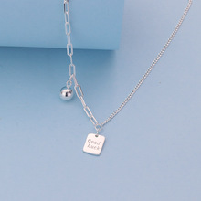 S925純銀lucky幸運方牌圓珠項鏈女 輕奢小眾設計感幸運方牌鎖骨鏈