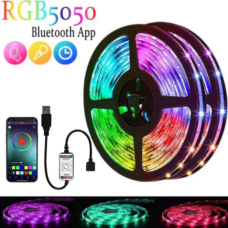 5V 5050 RGB LED Strip, 18 LEDs/m, Bluetooth APP & Music Sync, USB-Powered, Custom Lengths