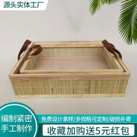 简约无盖带把手田园风竹编储物筐方形杂物收纳筐原木色置物篮批发