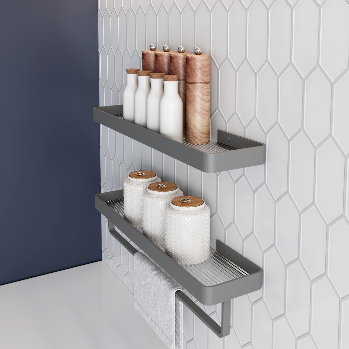 Light Luxury Kitchen Rack, Condiment Shelf, Acrylic Punch-Free Gunmetal Gray Seasoning Organizer for Home Use, Wall-Mounted Storage Rack