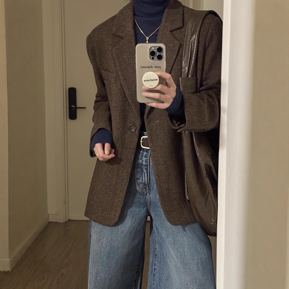 Zhiyao High-End Versatile Autumn and Winter Korean Style Brown Coffee Color Herringbone Woolen Blazer for Women Petite with Added Cotton