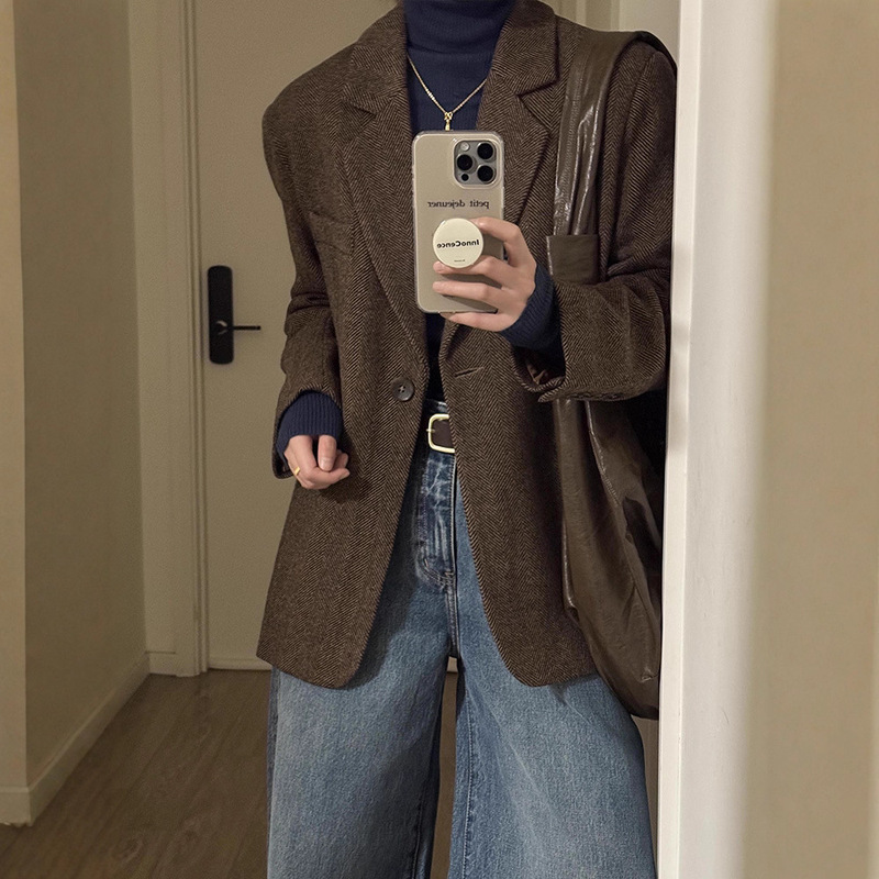 Zhiyao High-End Versatile Autumn and Winter Korean Style Brown Coffee Color Herringbone Woolen Blazer for Women Petite with Added Cotton