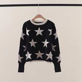 秋季新款韩版闪闪星星提花套头针织衫圆领长袖短款休闲毛衣女