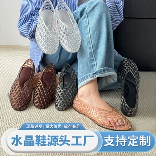 跨境尖头凉鞋平底一脚蹬外贸水晶鞋韩国浅口V口果冻单鞋贴牌定制