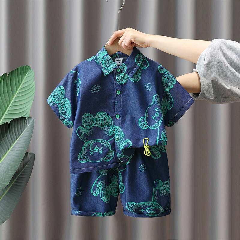 845 ropa de verano para niños traje nuevo estilo calle frita guapo camisa de manga corta de mezclilla para niños traje de dos piezas moda de verano para niños