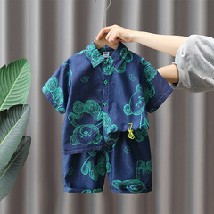 845男童夏裝套裝新款炸街帥氣兒童牛仔短袖襯衫兩件套男孩夏季潮