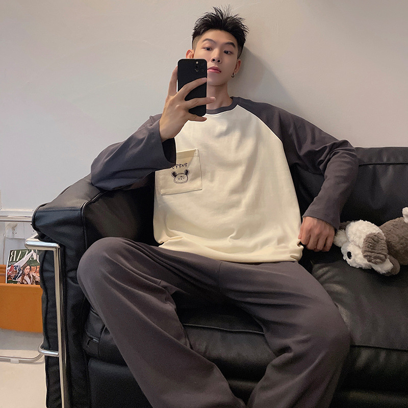 Chunke pijamas para hombre con cuello redondo, traje de primavera y otoño, servicio a domicilio informal, pijamas para hombre, traje de otoño para uso exterior