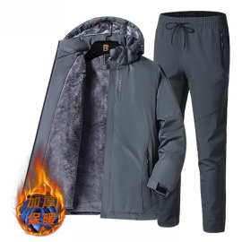 秋冬季风衣男外套加绒加厚防风防水户外男士冲锋套装衣裤两件套