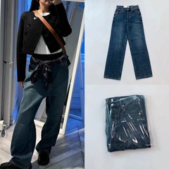 韓国の小衆24新型jennieと同じレトロな青いゆるいカジュアルなストレートジーンズのズボン