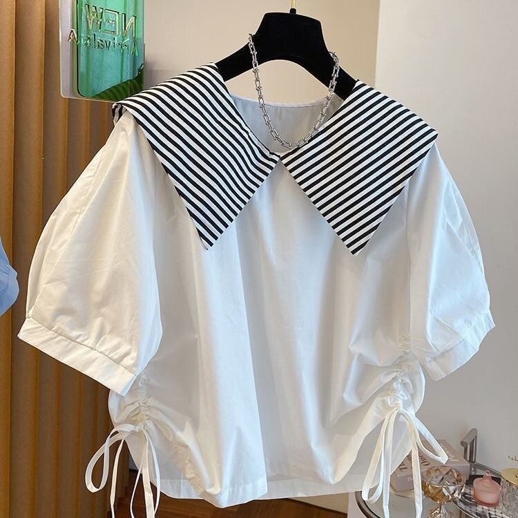 Korean-Style Design Niche Striped Turn-Down Collar Drawstring Hem Shirt for Women, Short Babydoll Shirt with Navy Doll Collar Top Korean-Style Design Niche Striped Turn-Down Collar Drawstring Hem Shirt for Women, Short Babydoll Shirt with Navy Doll Collar Top