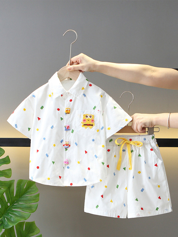 男の子半袖シャツスーツ夏スタイル韓国子供服スポンジボブ子供夏ネクタイツーピーストレンドセット|undefined