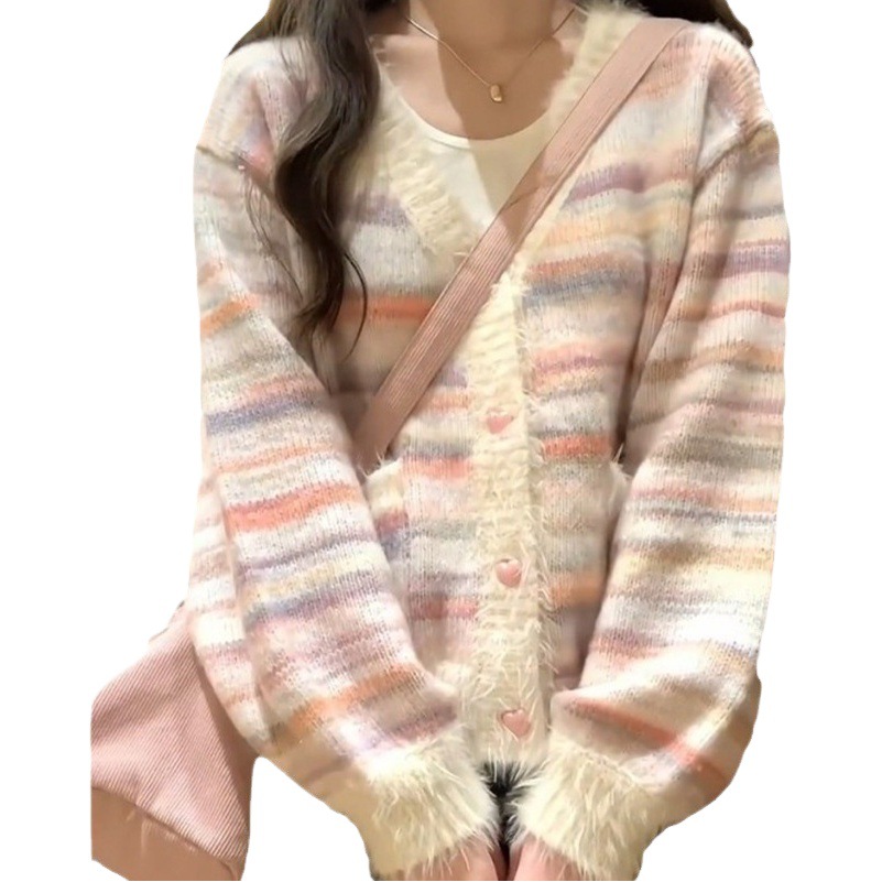 2023 otoño e invierno nuevo estilo de leche suelta estilo perezoso suéter abrigo Chanel estilo Arco Iris rayas suéter cardigan para las mujeres