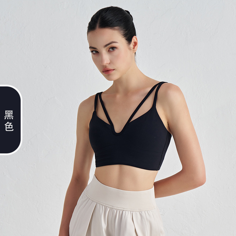 Desnudo con cuello en V, doble cabestrillo, chaleco de yoga, almohadilla para el pecho, tirantes finos, ropa interior deportiva, sujetador de fitness para mujer, hermosa espalda