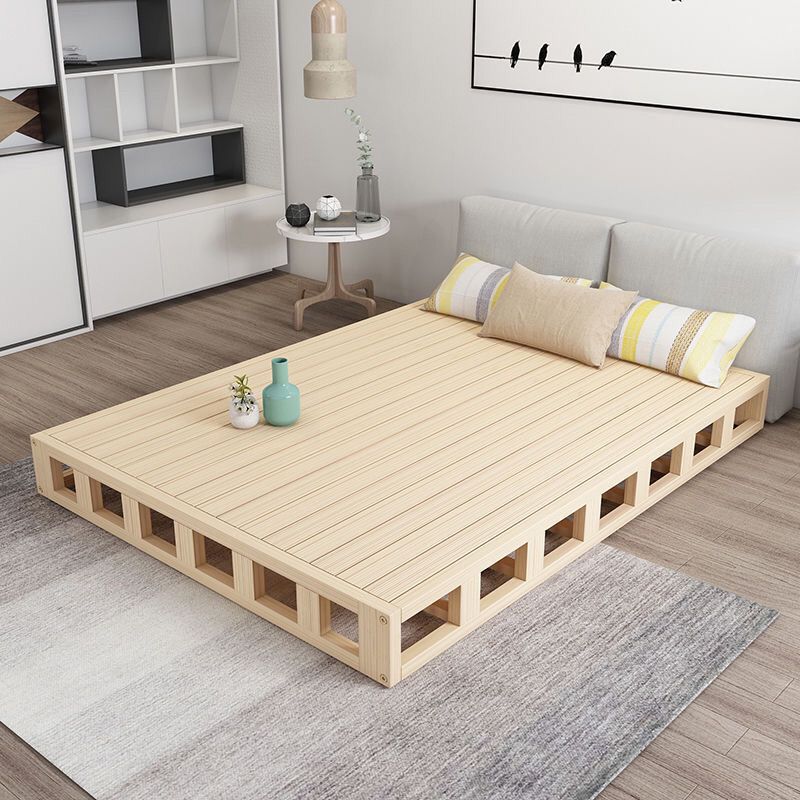 Solid Wood Hardboard Double Bed with Slatted Frame, Floor-Standing Japanese-Style Low Bed, Floor-To-Ceiling Tatami Bed Frame Without Headboard