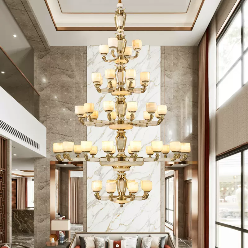 玉石吊灯新中式农村别墅自建房客厅中空大吊灯家用中国风中山灯具