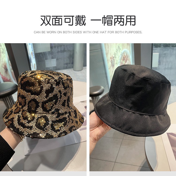 跨境欧美新款亮片豹纹渔夫帽女双面戴时尚百搭盆帽舞台演出闪亮帽|undefined