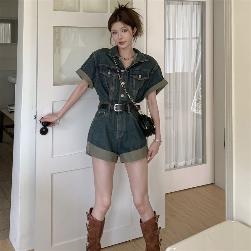 甜酷牛仔连体裤港风卷短裤夏季复古收腰显瘦阔衣裤套装连体裤法式