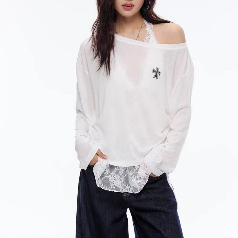 Lyocell Tencel One-Shoulder Cross-Logo Slimming Sun-Protective Long-Sleeve Top for Women