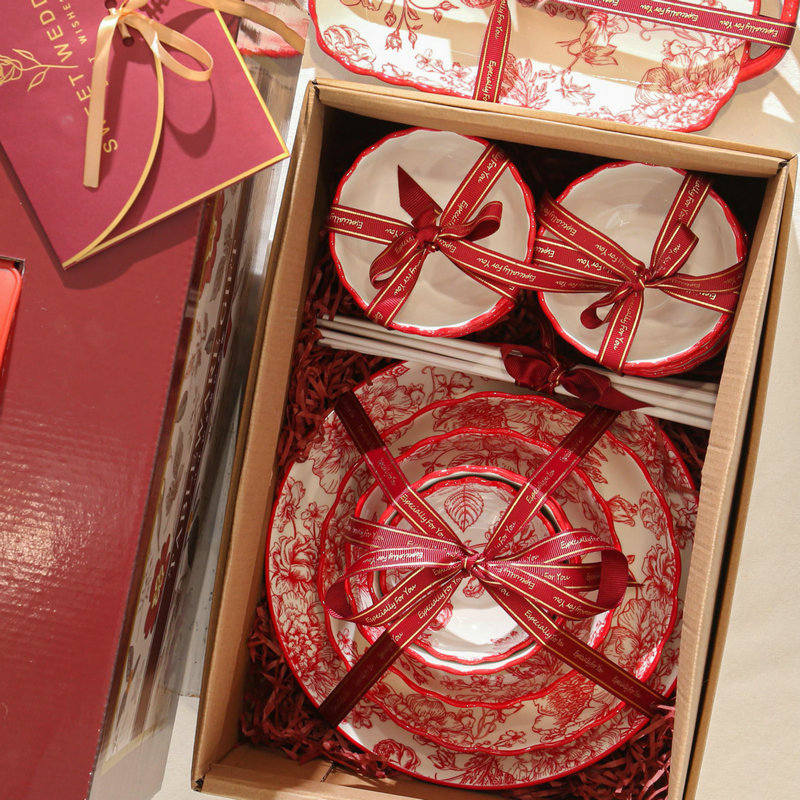 Red festive bowl and dish set household ceramic high-value wedding…