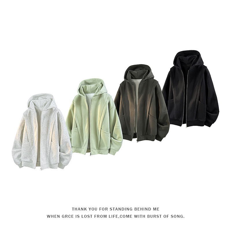 Cross-border wholesale autumn deconstructed high-weight casual loose-fitting hooded cardigan sweatshirt jacket for men