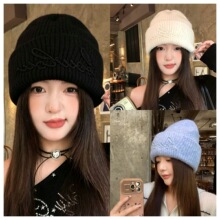 字母刺绣针织毛线帽女秋冬防寒大头围冷帽加厚保暖显脸小护耳帽子