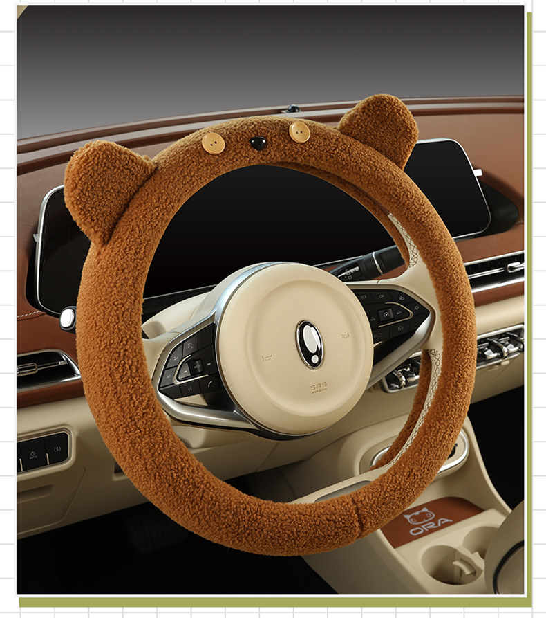 Plush steering wheel cover winter teddy velvet D-type cute cartoon car interior decoration girl protective cover warm handle cover