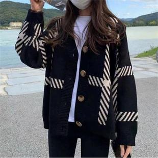 Autumn and Winter New Black Striped Knitted Cardigan Women's Korean-style Loose Lazy Style Simple All-match Sweater Jacket for Women