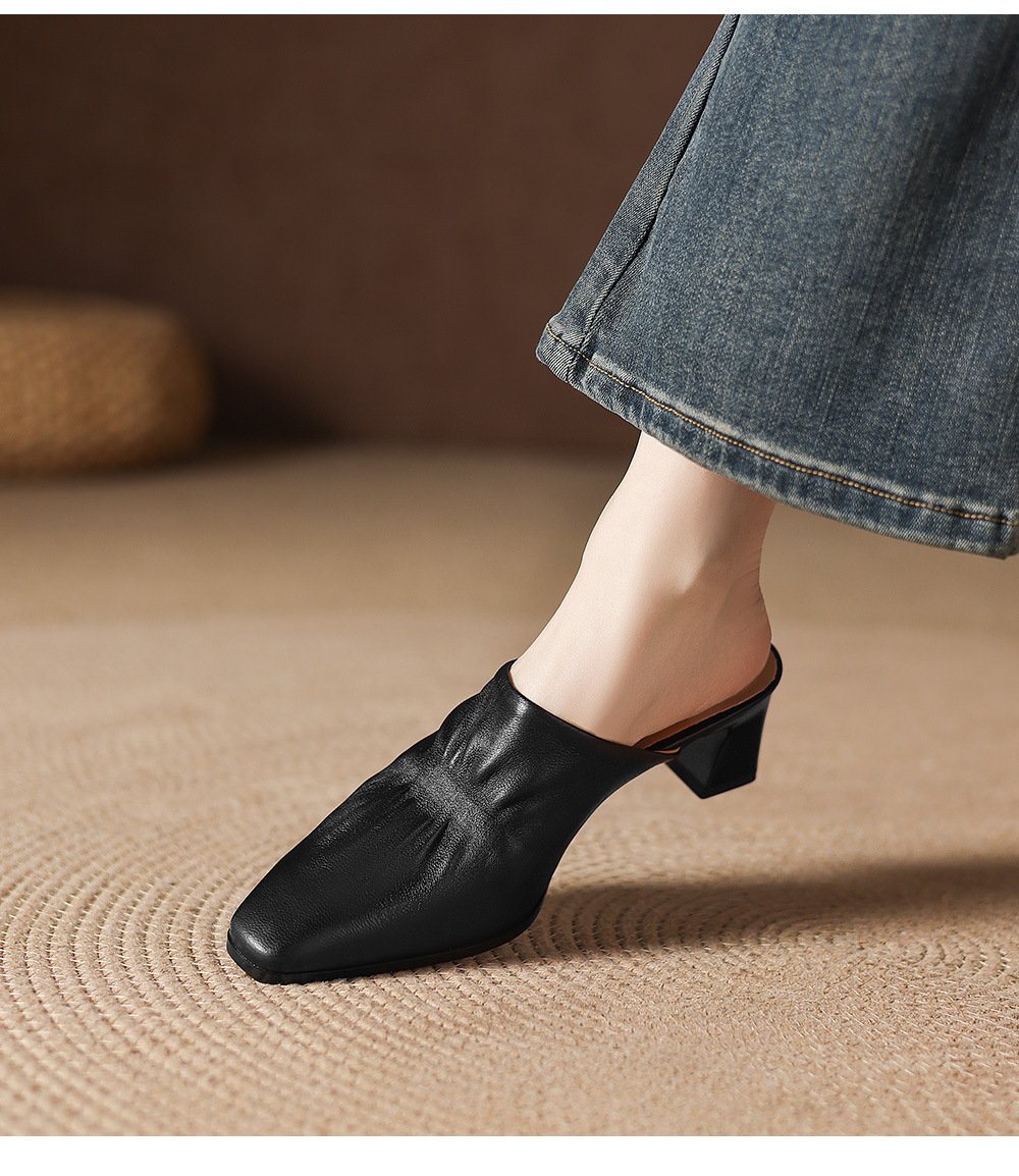 Sandal nữ bít mũi hở gót cao gót thô 5 cm, da bò mùa xuân hè — đen chi tiết 11