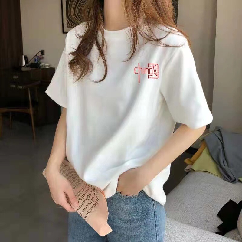 正肩纯棉短袖t恤女夏季薄款年新款宽松白色t桖显瘦半袖上衣潮|undefined