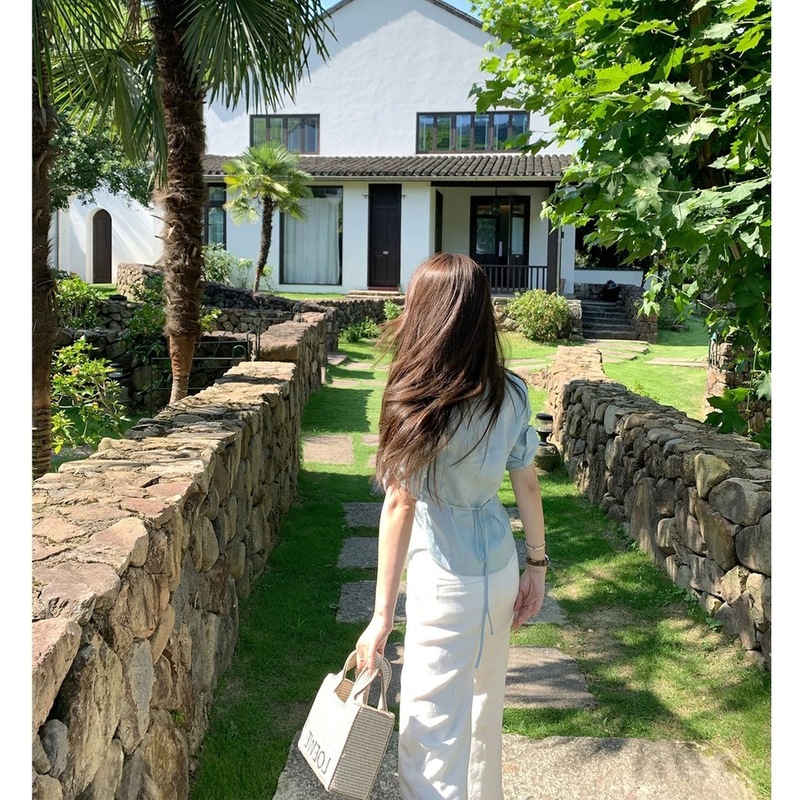AY 朝雾蓝100亚麻通勤简约经典正肩收腰可系带五分袖白衬衫女|undefined
