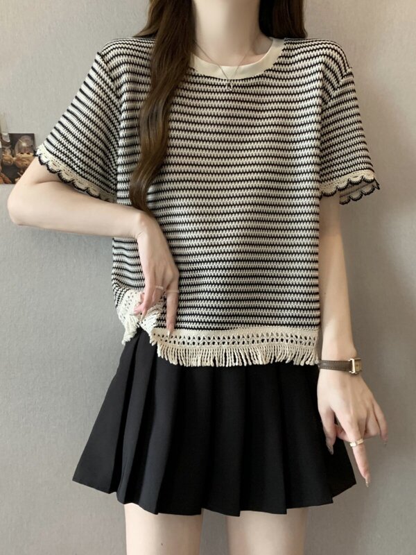 Striped Short-Sleeve Ice Silk T-Shirt for Women, Summer Plus Size, Slimming Design with Tassels, Stylish European-Style Top