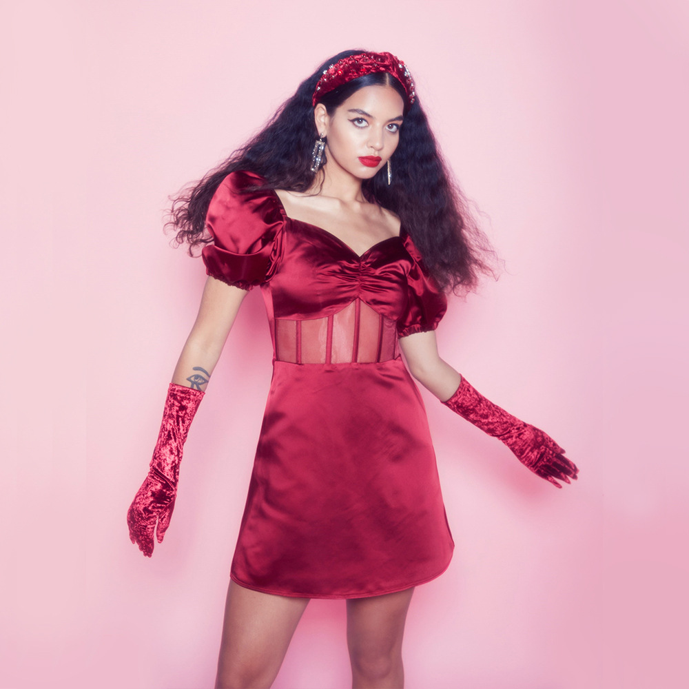 【清仓特价款】高端欧美女装V领性感透视泡泡袖连衣裙气质舞会晚