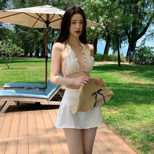 2025 Women's Summer Seaside Vacation Beach Hollow Out Temperament Pure Desire Sexy White Cute Deep V Large Backless Swimsuit