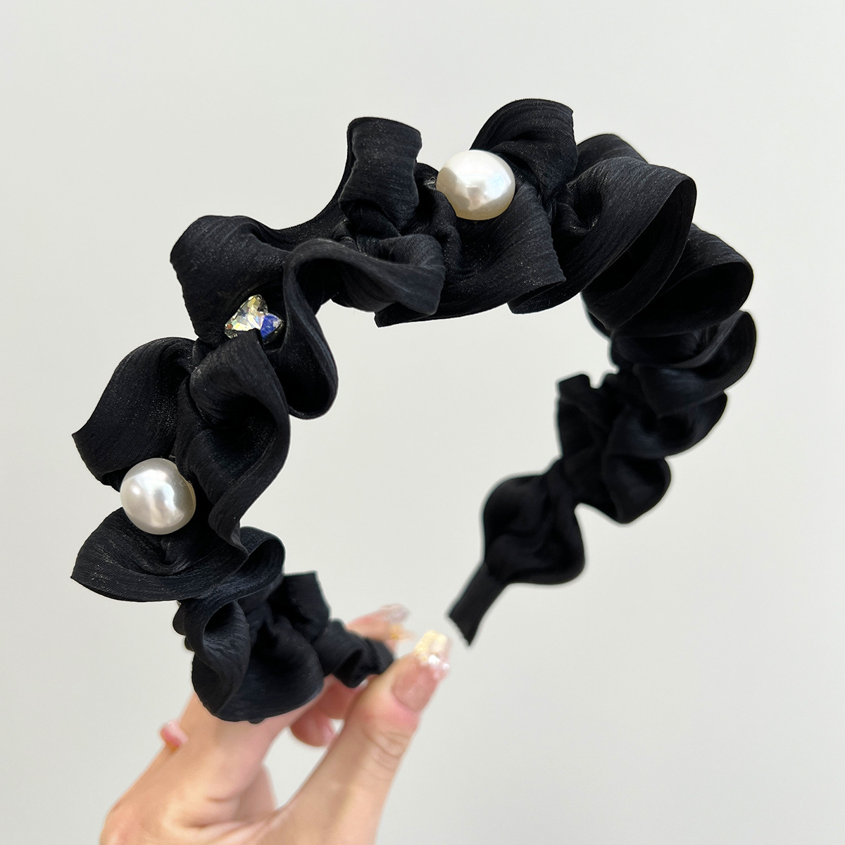 新款褶皺增高顱頂緞面珍珠水鑽發箍顯臉小洗臉頭箍髮飾頭飾女春夏