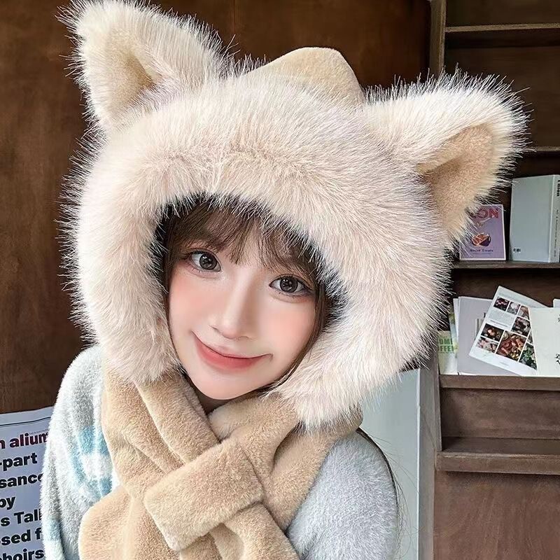 新款灵动狐狸耳帽子女秋冬季骑车保暖防寒毛绒帽子围巾一体二件套|undefined
