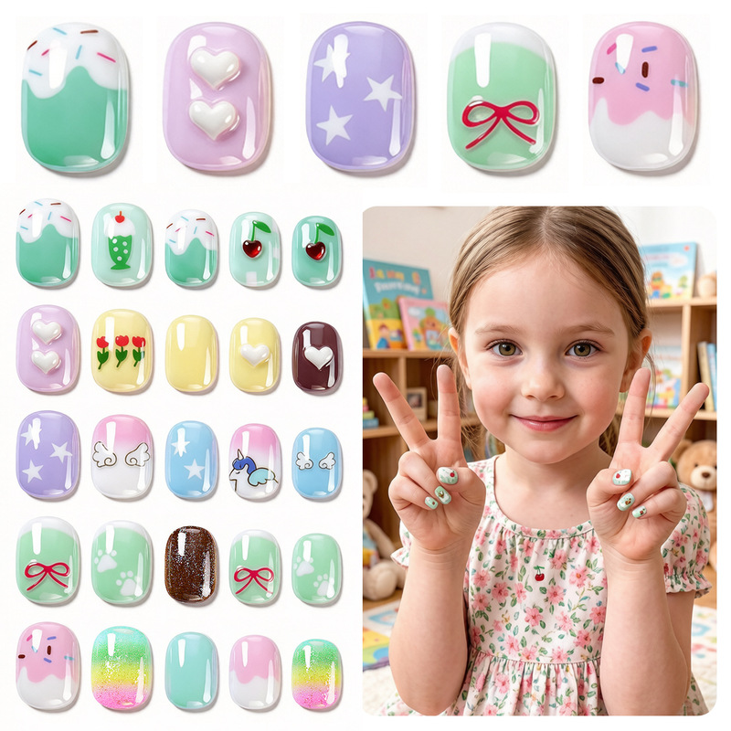 Children's Heart-Shaped Flower Nail Art with Adhesive Backing, DIY Decorative Nail Tips for Home Salon, Fun Holiday Gift for Kids Children's Heart-Shaped Flower Nail Art with Adhesive Backing, DIY Decorative Nail Tips for Home Salon, Fun Holiday Gift for Kids