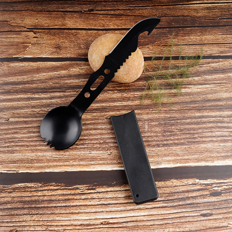 Campamento al aire libre supervivencia multifuncional herramienta de rocío silbato cuchillo de picnic suministros vajilla cuchillo, tenedor y cuchara a juego conveniente llevar