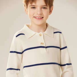 秋冬新款男宝宝儿童山羊绒衫POLO小翻领撞色条纹针织保暖套头毛衣