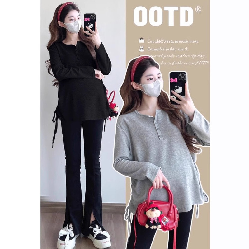 Maternity Spring Long-Sleeved T-Shirt with Drawstring Design to Cover the Belly Without Showing Pregnancy, Autum Korean Style Loose Large Size Tops