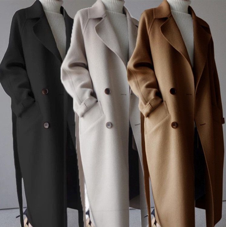 Ropa de mujer Invierno nuevo abrigo de lana beige de longitud media Waitmore cintura larga hasta la rodilla_voghion.com